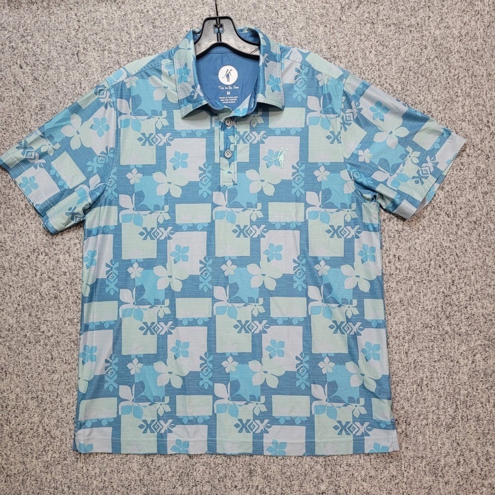 Toes on the Nose Mens Floral Print Golf‎ Polo Shirt M Blue Short Sleeve